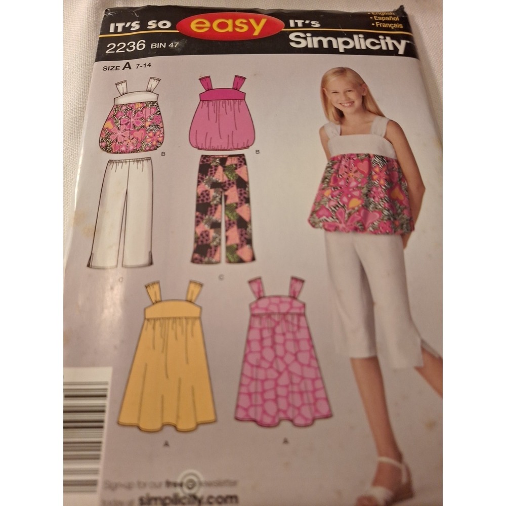 Simplicity It So  Easy #2236 Girls Variety TopsCapri Dress Sz 7-14 Beginners Sew
